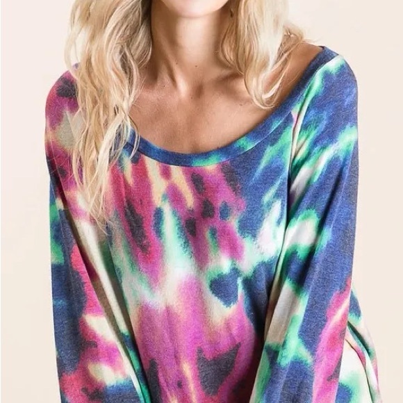 BiBi Tie Dye Print Terry Top with Puff Sleeves - Picture 3 of 10